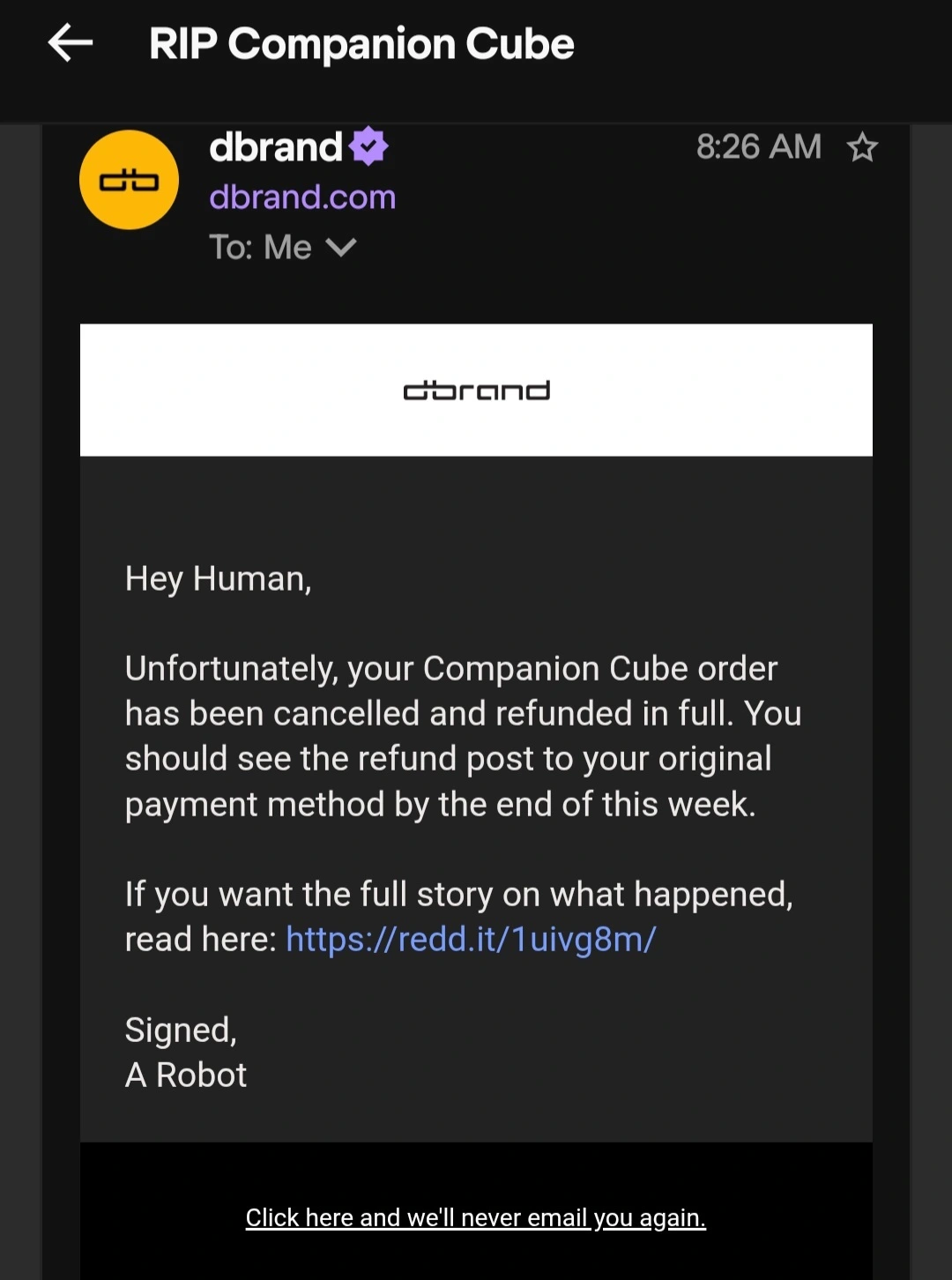 dBrand Companion Cube cancelled: