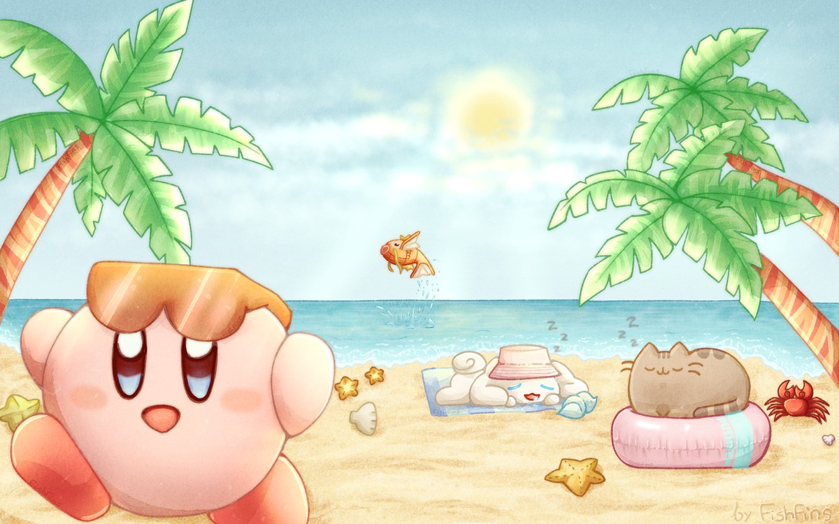 A drawing of a few characters enjoying a summer beach vacation. You can see some clouds in the sky and a bright sun. There are palms on both sides and seashells and stars scattered all over the warm sand. Magikarp is seen jumping out of the water in the distance. A bit further away, Cinnamoroll is taking a nap on a blue striped beach towel, shielded by a pink sun hat. On the right, Pusheen is napping on top of a round, pink pool float with a blue stripe and blue text reading "PUSHEEN". Even further to the right, there is a little red crab. At the front of the drawing on the left, Kirby is running forward with a smile and sunglasses on their head. 