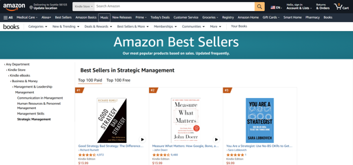 A screenshot of the Amazon Best Sellers List in the Strategic Management category, showing "You Are a Strategist" in #3 on the Top 100, right behind "Good Strategy Bad Strategy" in #1, and "Measure What Matters" in #2.