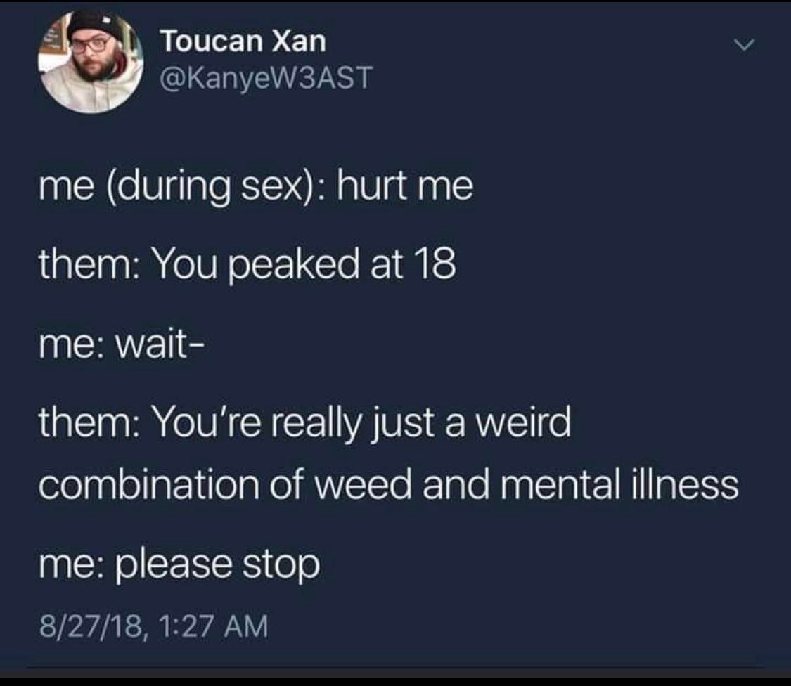 me (during sex): hurt me; them: You peaked at 18; me: wait-; them: You're really just a weird combination of weed and mental illness; me: please stop