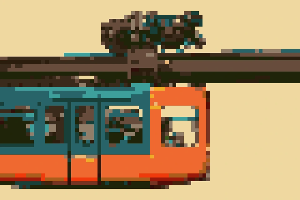 Schwebebahn (blau-orange), Pixel-Art-Bild