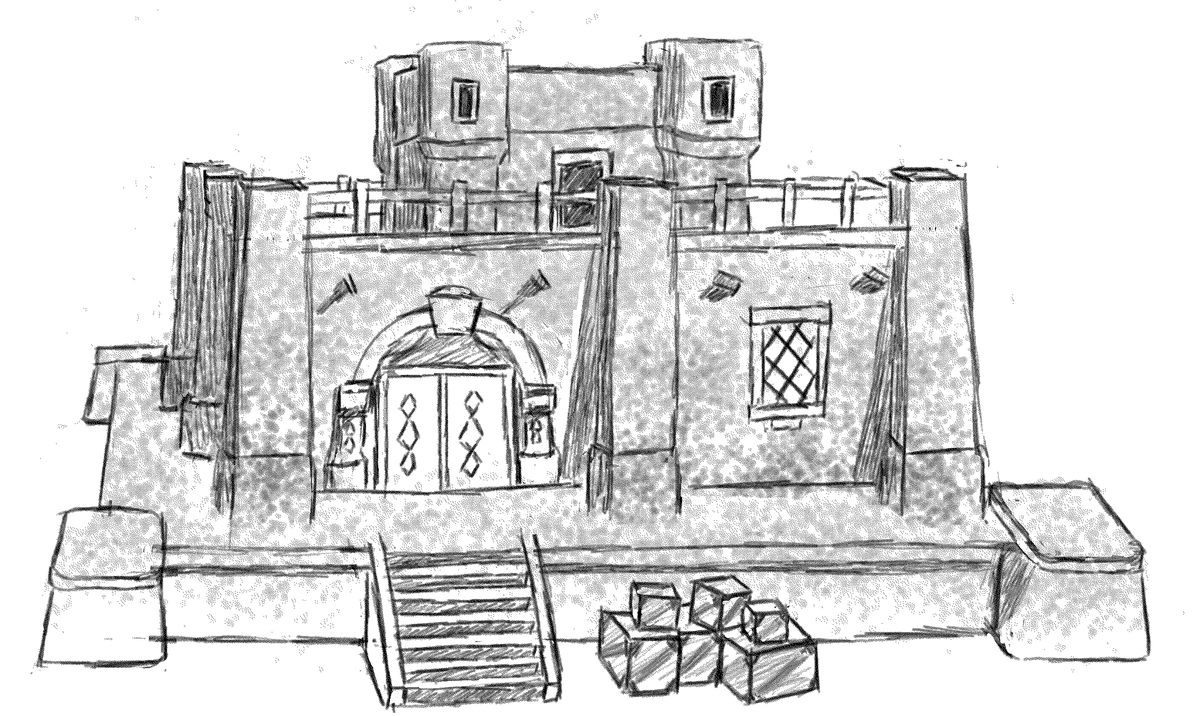 digital pencil sketch of a building, the Waking Sands from Final Fantasy XIV