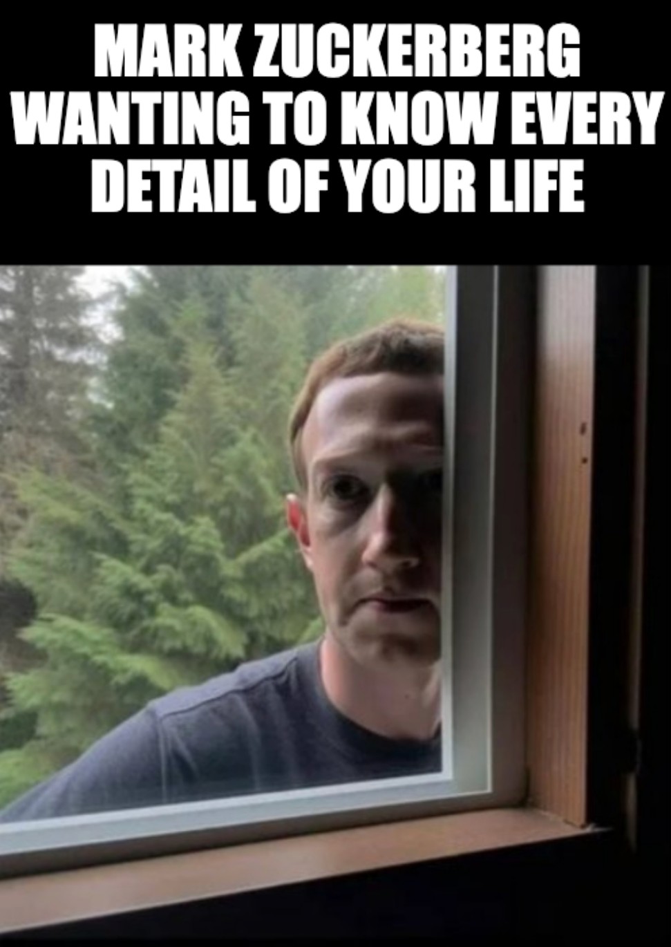 Mark Zuckerberg looking through window into house "Mark Zuckeberg wanting to know every detail of your life"