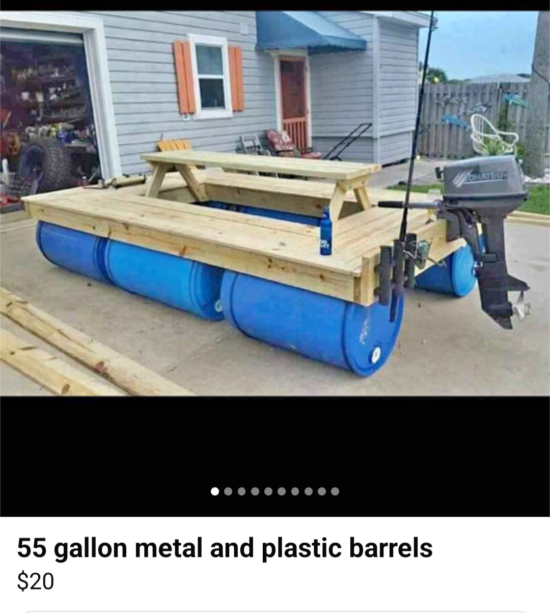Facebook marketplace listing of a homemade boat that's a bench made of 2 by 4s with 6 plastic oil barrels with a fishing boat motor on the back