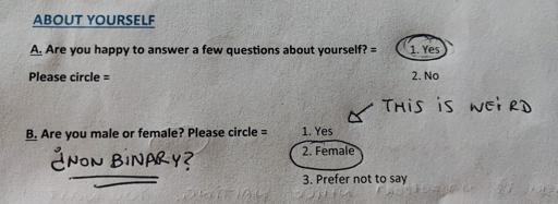 Part of the survey. You can read:
"ABOUT YOURSELF
A. Are you happy to answer a few questions about yourself? Please circle.
1. Yes
2. No
B. Are you male or female? Please circle.
1. Yes
2. No
3. Prefer not to say"

Some handwritted anotations asking for NON BINARY and stating that "Yes" is a weird answer for male/female question.