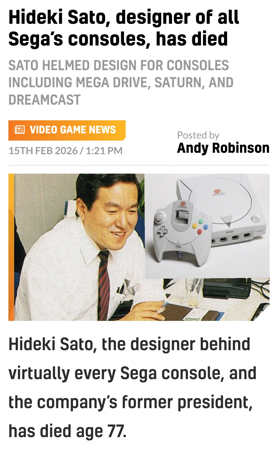 Hideki Sato, designer of all Sega’s consoles, has died