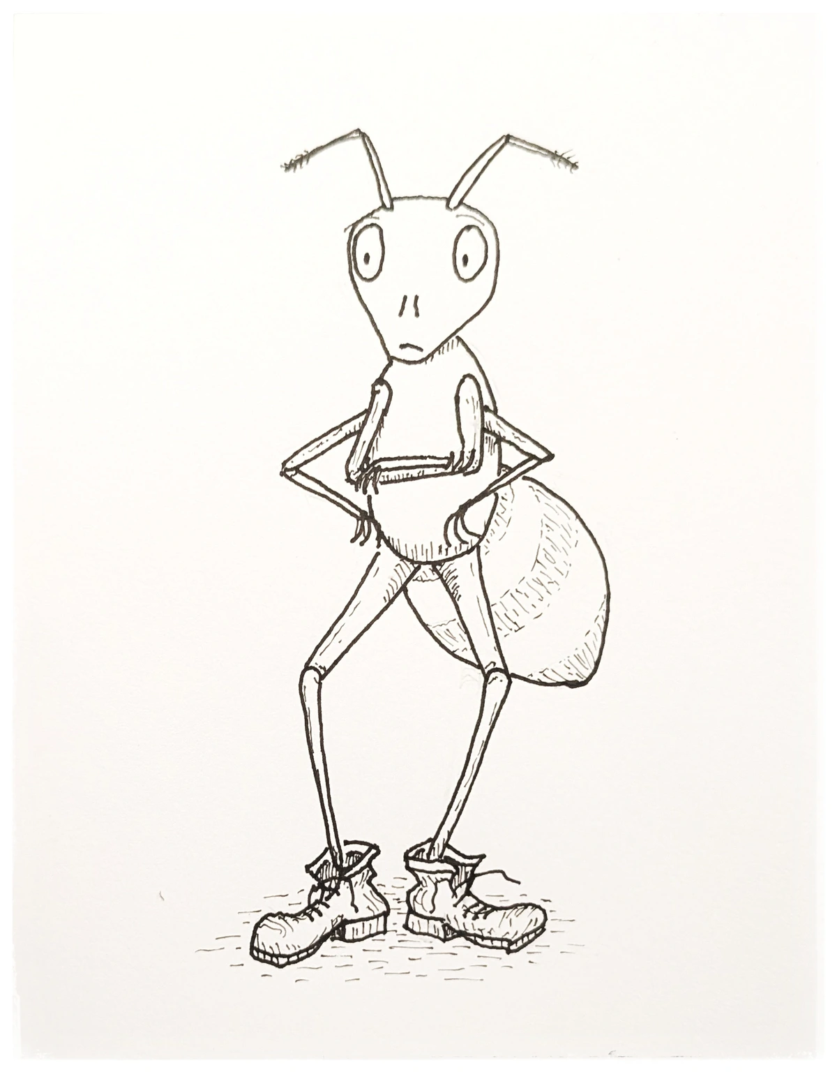 Line drawing of a cartoon ant, standing upright. Its first pair of arms is crossed, the second pair has its hands on its hips. It has a somewhat anxious or worried expression. And it is wearing a pair of well-worn work boots.