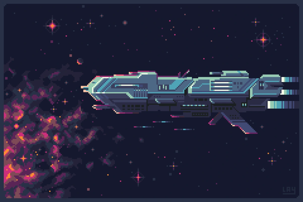 Pixelart showing a battleship on the outskirts of a stellar nebulae, the ship is coated in blue hues to complement the bright pink colors of the starry background, smaller short-range shuttles are flying below the battleship to emphasize the sense of scale.