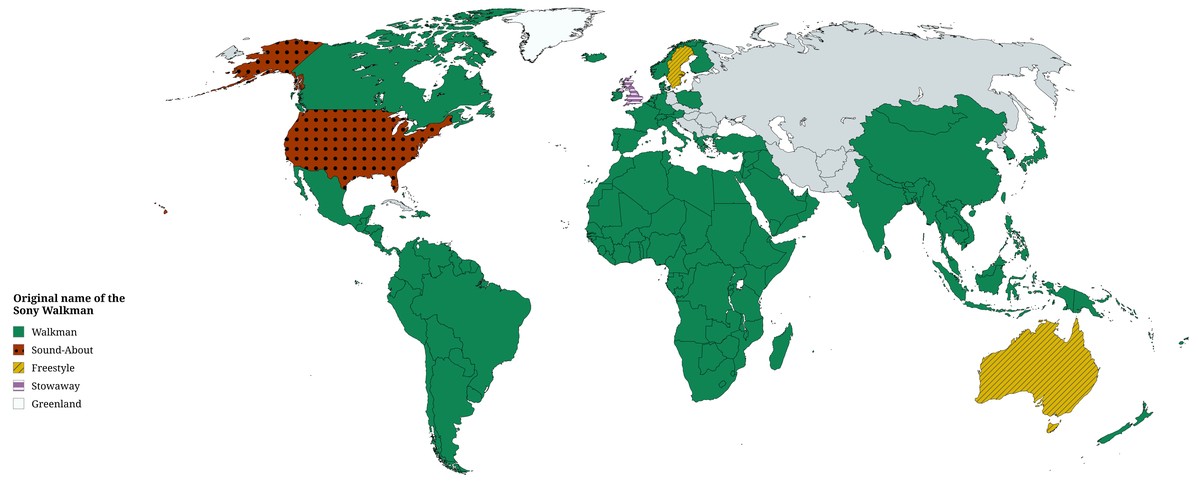 A map of the world as of 1981. with labels for what name the Sony Walkman started selling at. most of the world is labeled "walkman", except the soviet bloc where it was not available. The US is labeled  "Sound-about". The UK is labeled "Stowaway". Sweden and Australia are labeled "Freestyle".