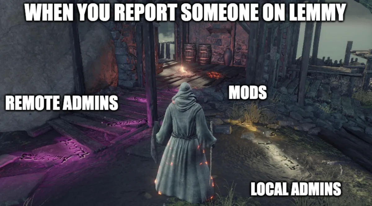 User is wizard looking at bonfire with phantom signs on the ground that represent mods as yellow phantoms,  local admins as white phantoms and remote admins as purple phantoms.