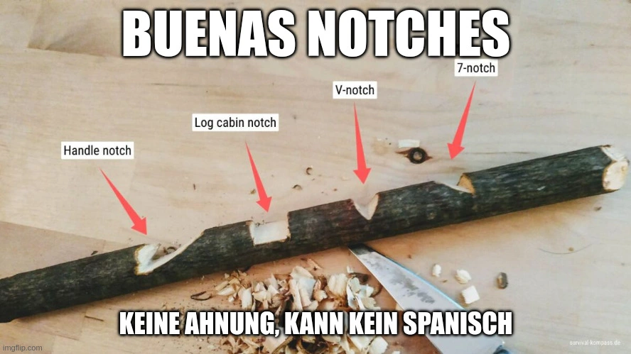 Ein Diagramm, welches ein Holzstück mit verschiedenen Arten von Einkerbungen zeigt. Oben Text: "Buenas notches". Unten Text: "Keine Ahnung, kann kein Spanisch"