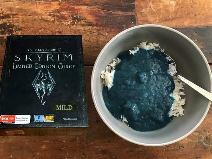 image of a bowl of limited edition Skyrim curry. The bowl is covered in a black goop.