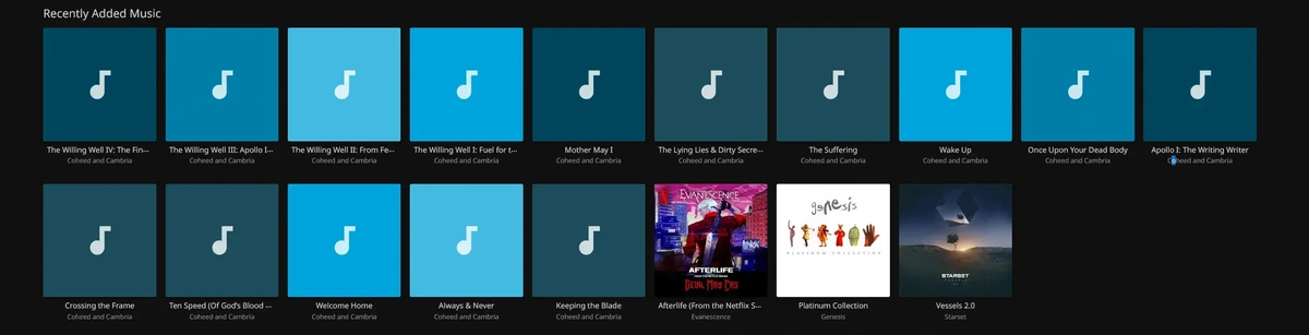 An image showing the recently added section of a Jellyfin music library. The most recently added items are an album that did not group correctly and instead the songs are listed individually.