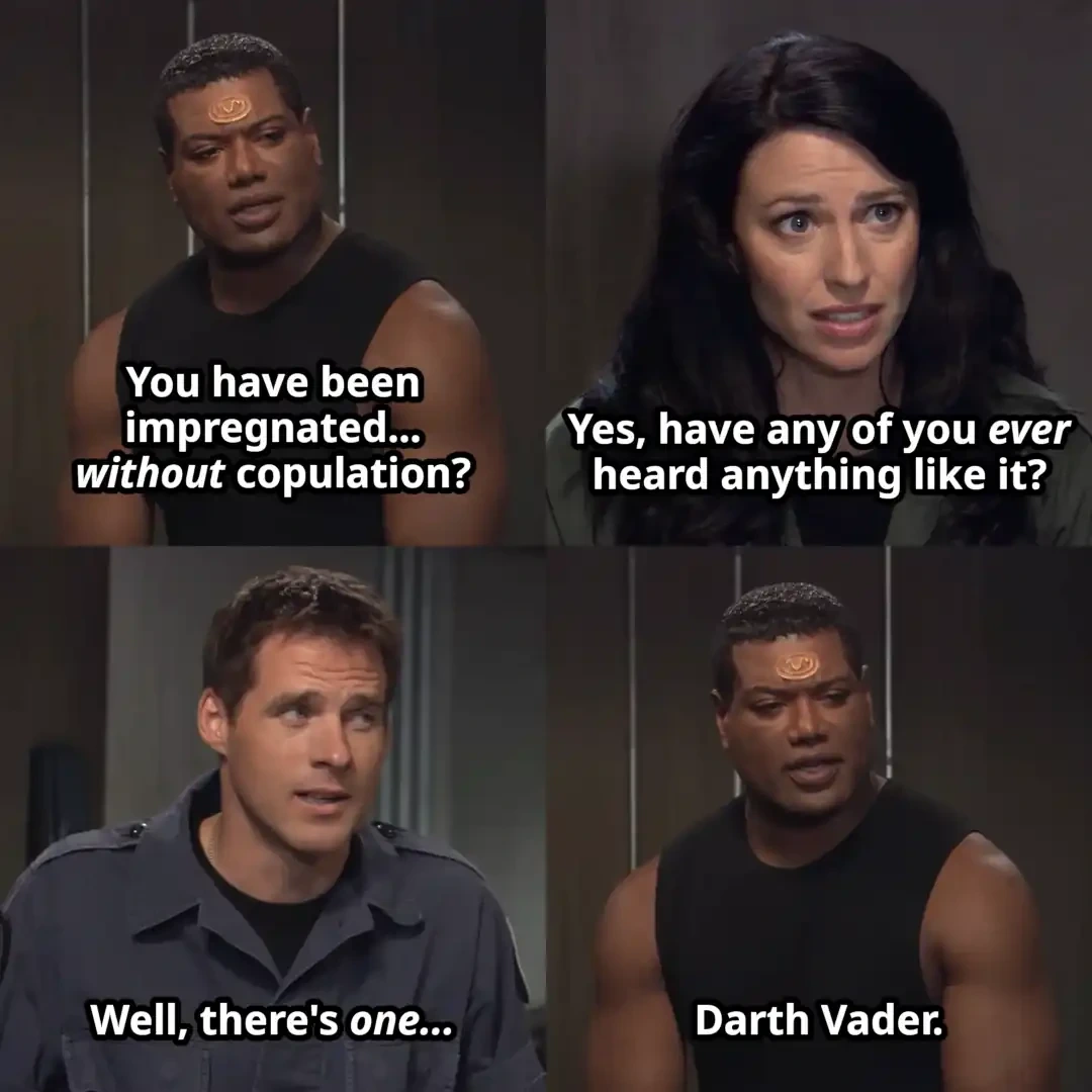 Panel 1: Teal'c saying "You have been impregnated without copulation?" Panel 2: Vala saying "Yes, have any of you ever heard anything like it?" Panel 3: Cameron saying: "Well, there's one..." Panel 4: Teal'c saying "Darth Vader."