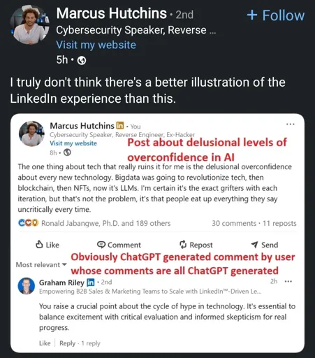 The image shows a screenshot of a LinkedIn post by Marcus Hutchins that says "I truly don't think there's a better illustration of the LinkedIn experience than this". It features a screenshotted post by the same person which discusses "delusional levels of overconfidence in AI" and mentions other technologies like Big Data, blockchain, and NFTs. The post has reactions, comments, and reposts. Below the main post, there's another comment from a user named Graham Riley, generated by chatGPT.