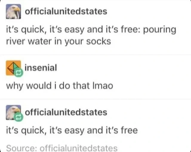 Post: "it's quick, it's easy and it's free: pouring river water in your socks" Reply: "why would i do that lmao" Reply: "it's quick, it's easy and it's free"