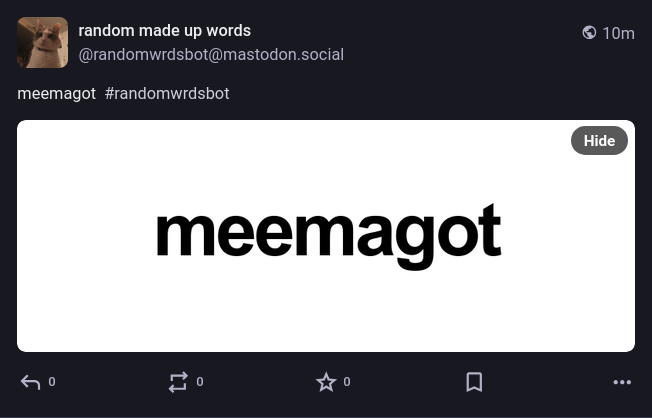 screenshot of mastodon post with random made up word