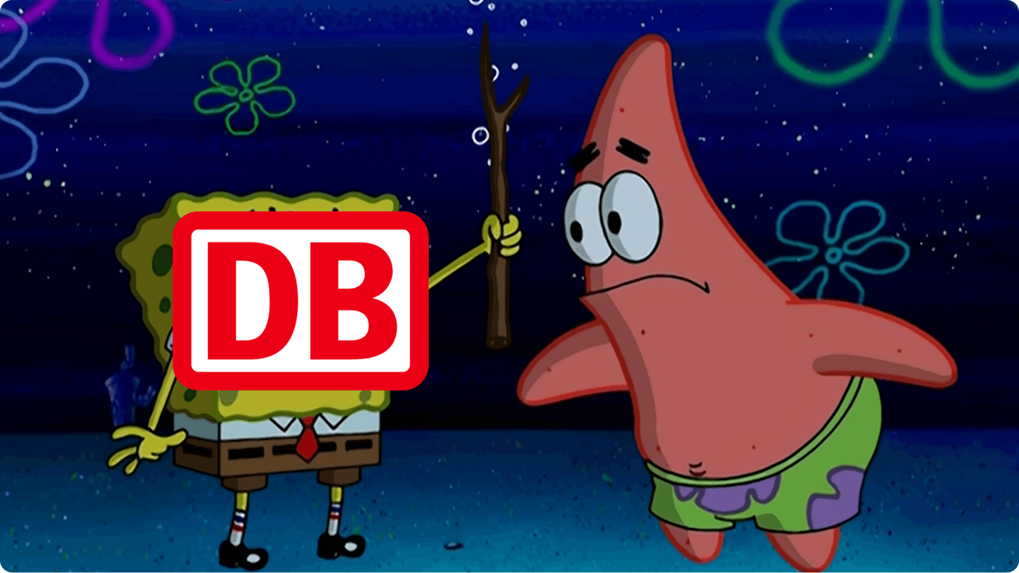 Spongebob und Patrick der TV-Serie "Spongebob Schwammkopf". Spongebob hält ein Stock in die Luft. Das DB Logo ist über Spongebob gelegt. Patrick schaut verwundert. In der Folge nutzt Spongebob erfolgreich den Stock um einen Seebären durch ein auf dem Boden gezeichneten Kreis abzuwehren.