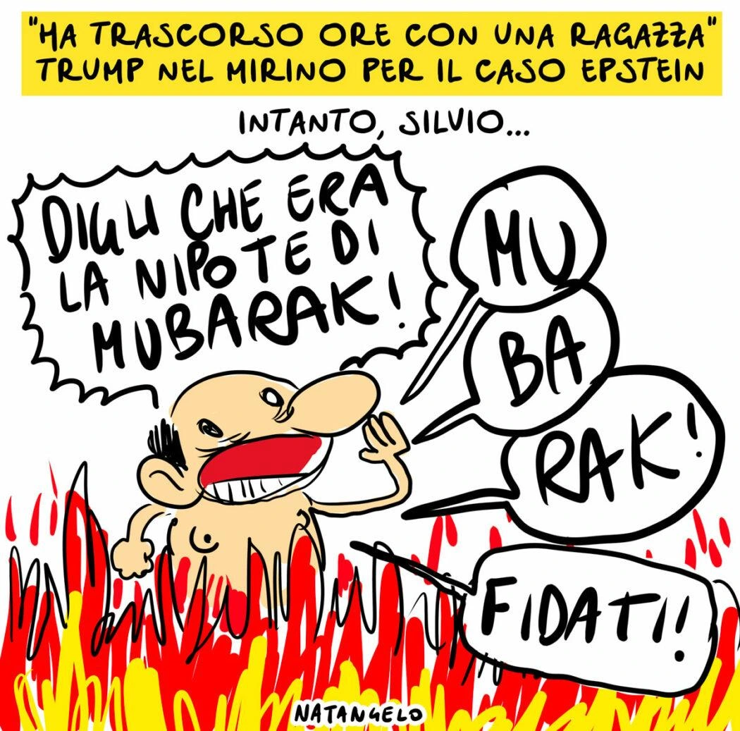 Nel disegno, Silvio Berlusconi urla al cielo: "Digli che era la nipote di Mubarak! MU-BA-RAK. Fidati!"