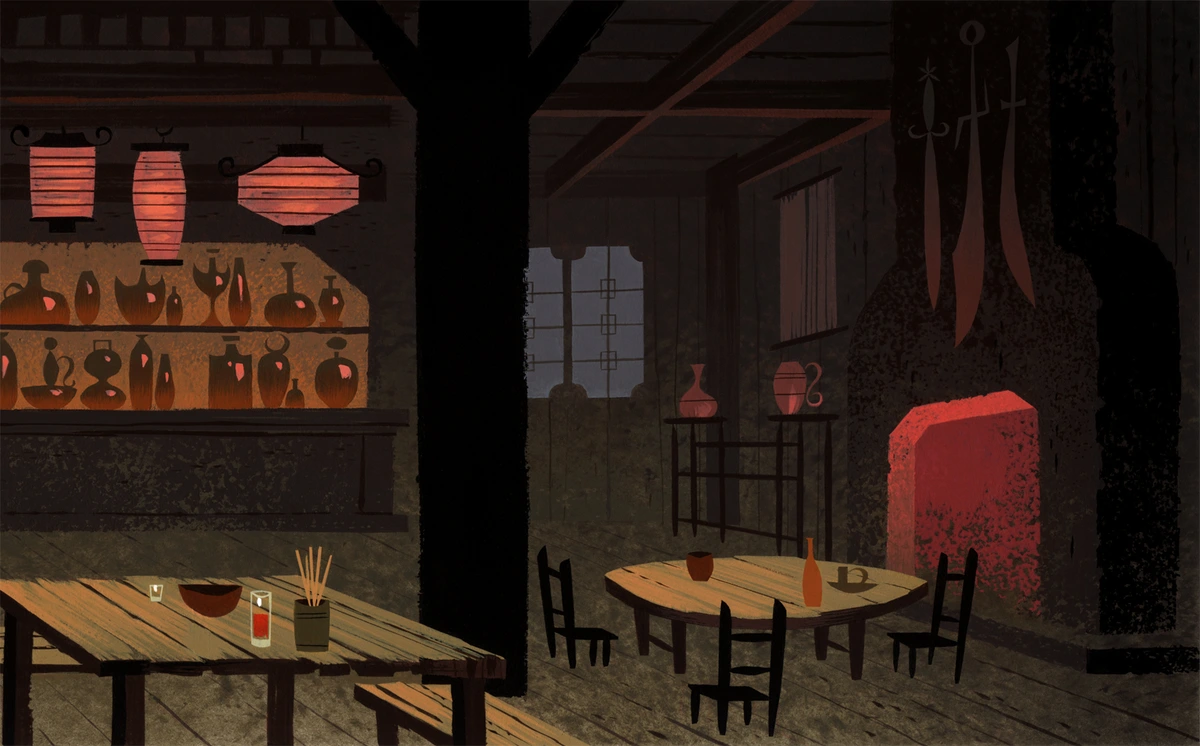 Shows an empty tavern from samurai jack.