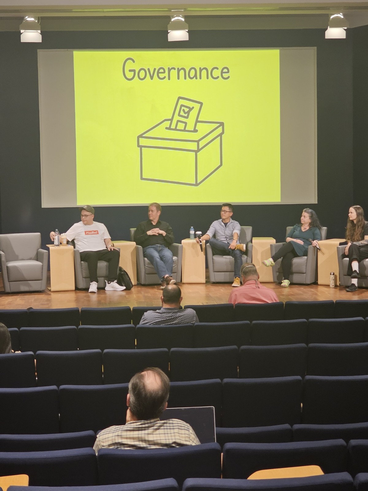 Panelists, in front of a drawing of a ballot box"