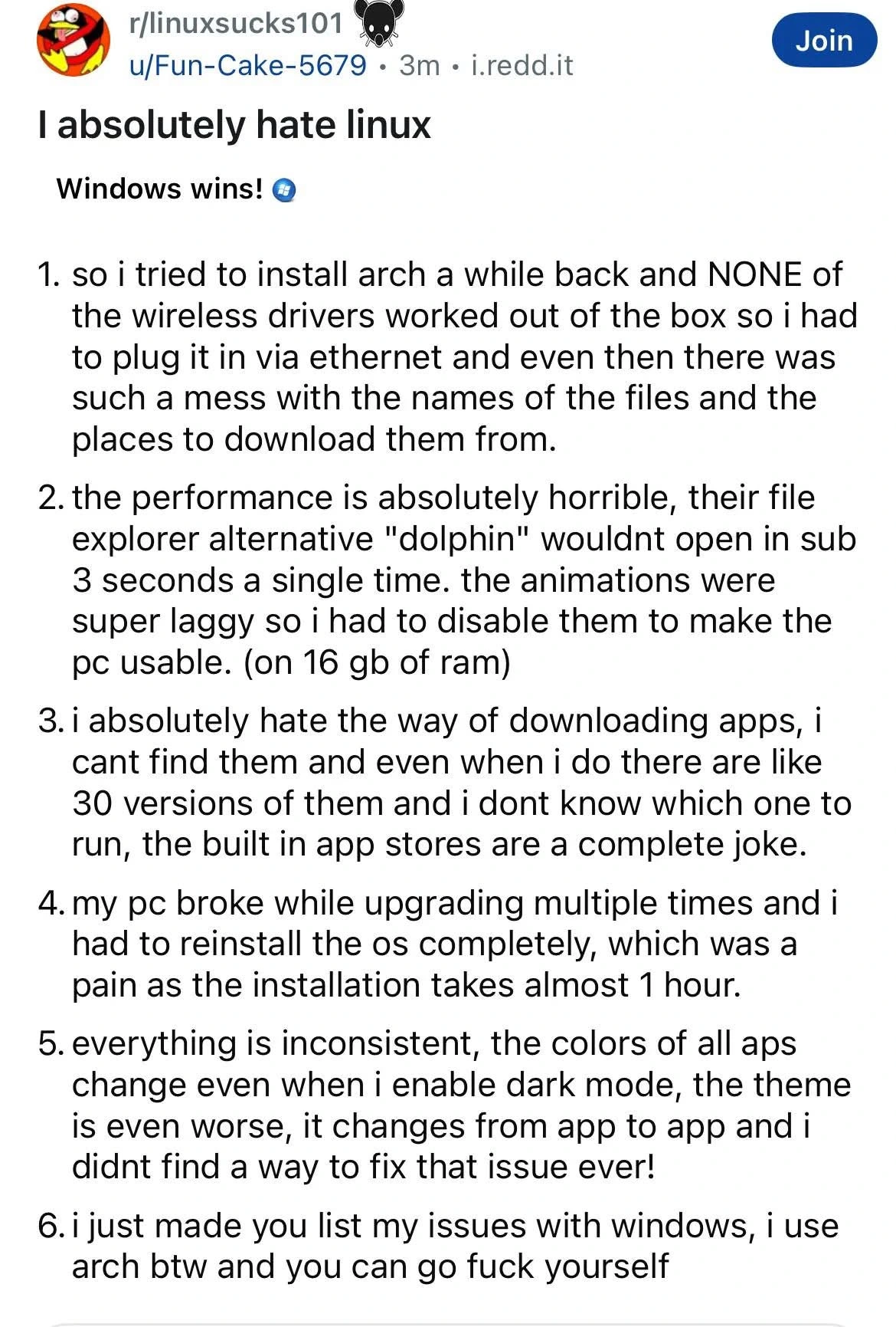 OP doesn’t like Linux