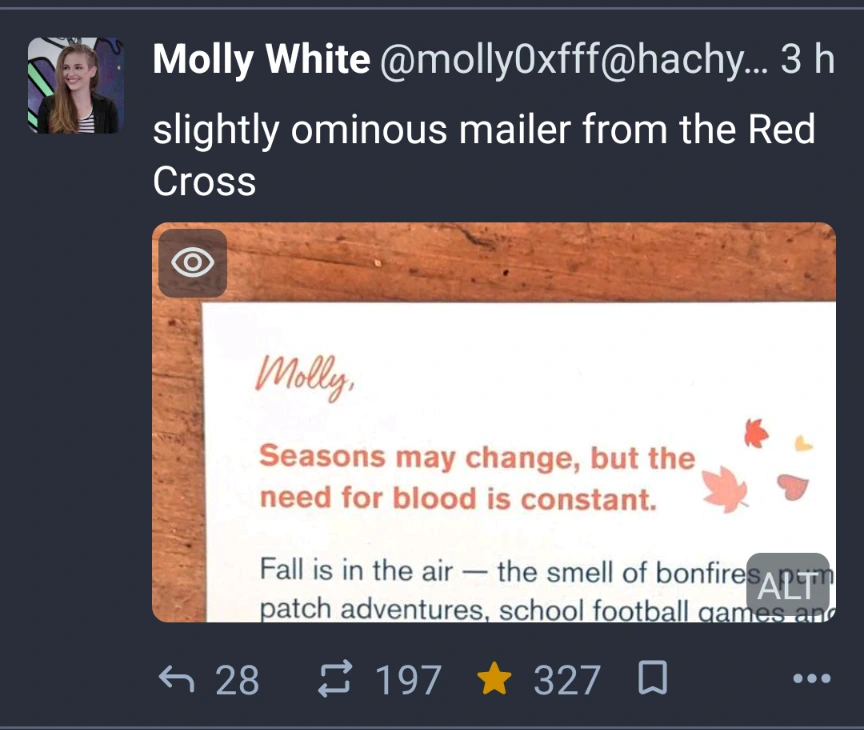 A post by a user named molly who writes "slightly ominous mailer from the Red Cross" with an attached image of a mailer that reads: "Molly, Seasons may change, but the need for blood is constant".