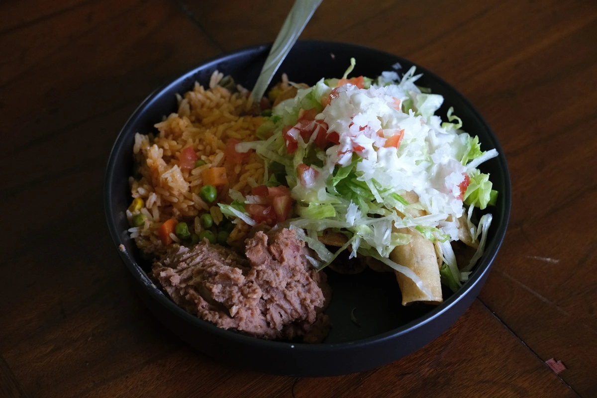 Chicken Flautas, Mexican Rice & Refried Beans