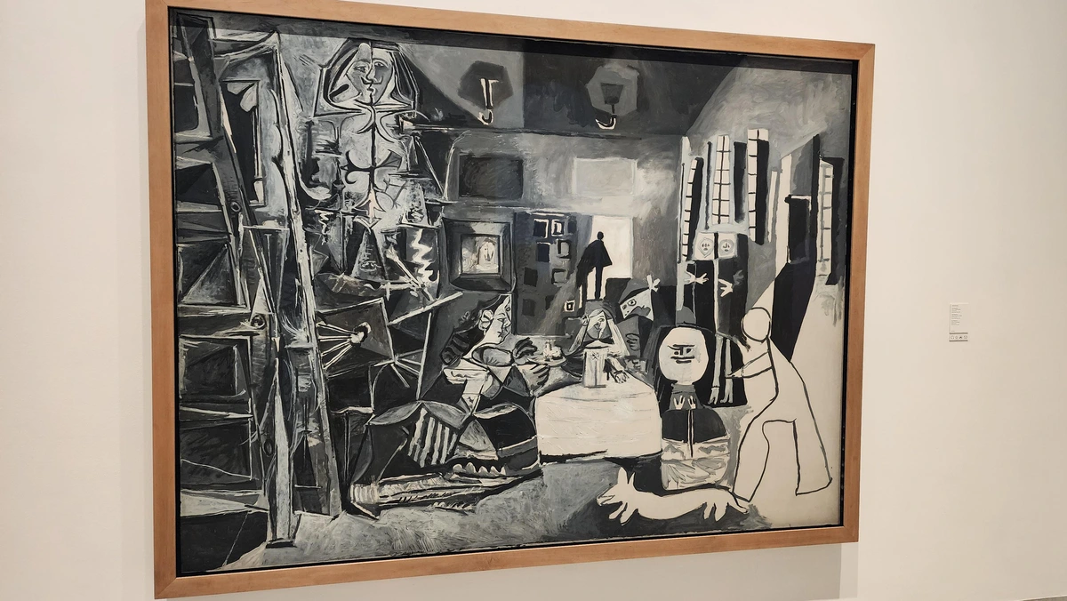 Picasso's Las Meninas (1957) is a bold, cubist reimagining of Velázquez's famous painting. Figures are shattered into sharp geometric fragments — angular black outlines filled with stark blacks, whites, and grays. The Infanta Margarita looms large at center, blocky and monumental. Attendants crowd around her as fractured, almost puppet-like forms. A tall, skeletal Velázquez dominates the left. The room feels tilted, electric, and slightly menacing — order deliberately broken apart.