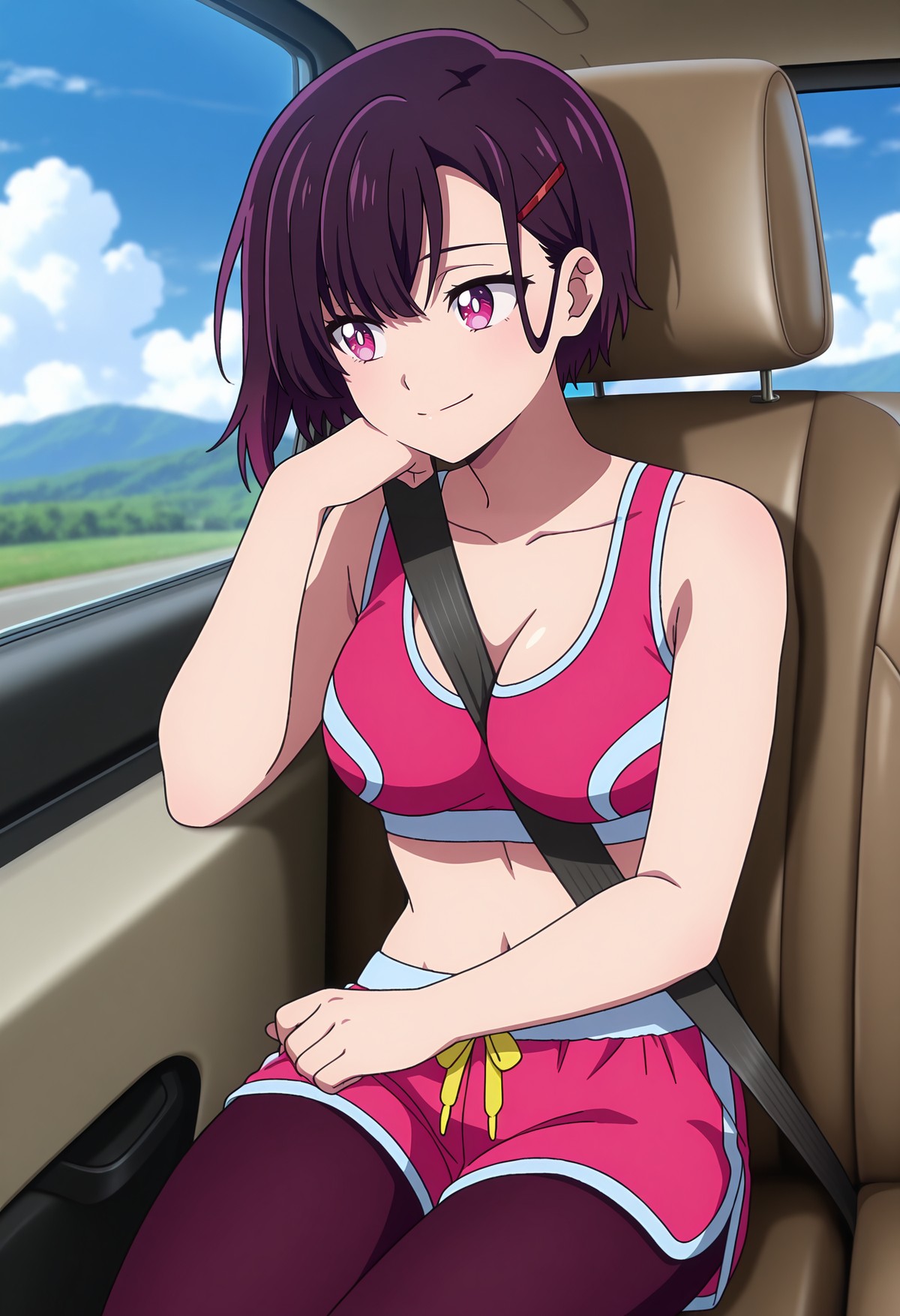 A woman with pink eyes, short dark purple hair, and a gentle smile is sitting in the passenger seat of a car with her seatbelt fastened. She is resting her cheek on her right fist with her elbow propped on the door looking out the window. She is wearing athletic attire, including a pink sports bra with white trim, matching pink shorts with a yellow drawstring, and dark purple leggings underneath. The car's interior features tan-colored seats, and the background visible through the window is a daytime landscape of green fields and distant blue mountains under a blue sky with white clouds.