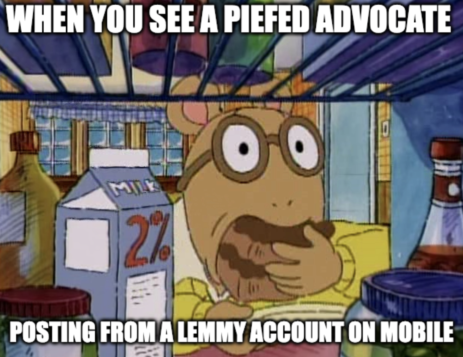 Arthur shoving cake into mouth meme "When you see a piefed advocate" "Posting from a lemmy account on mobile"