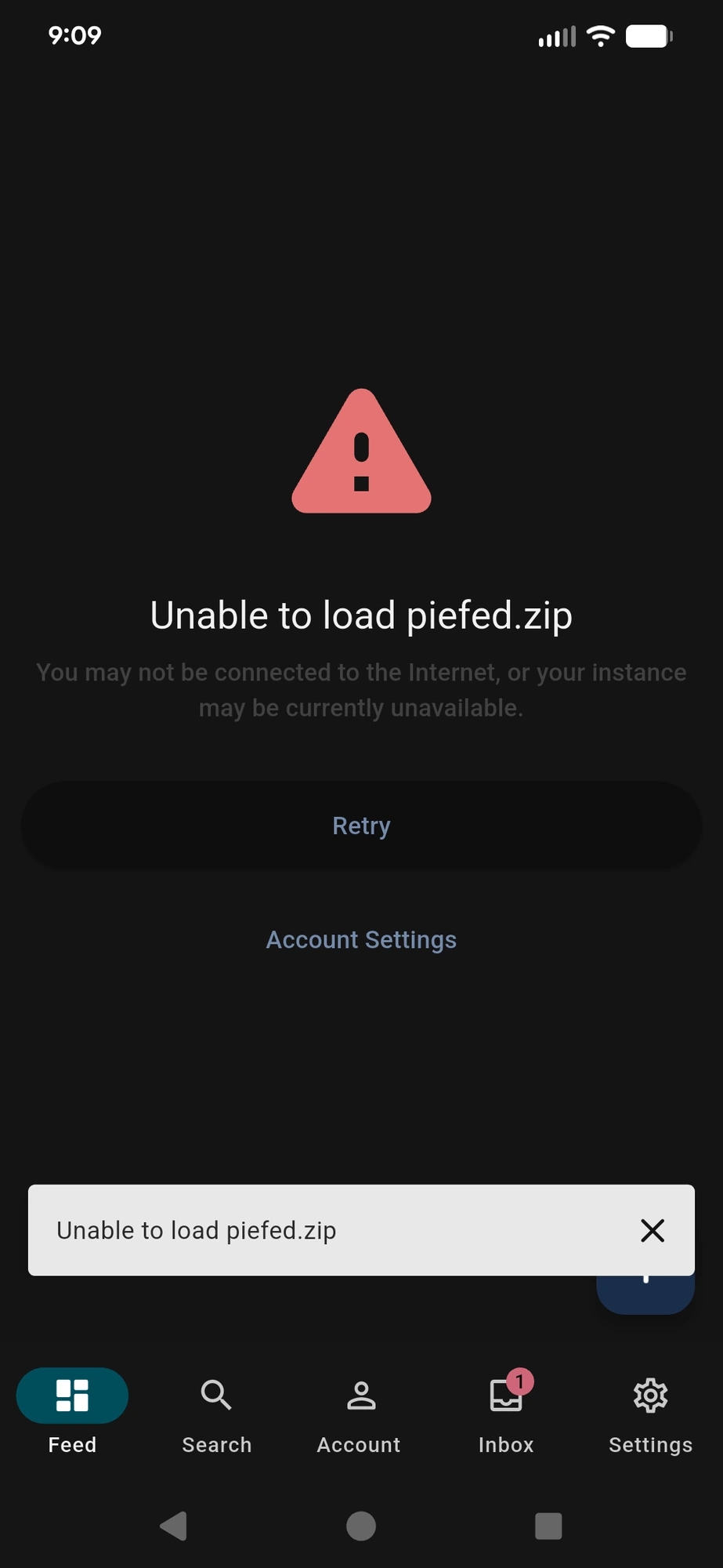 Image showing Thunder app with error connecting to piefed.zip