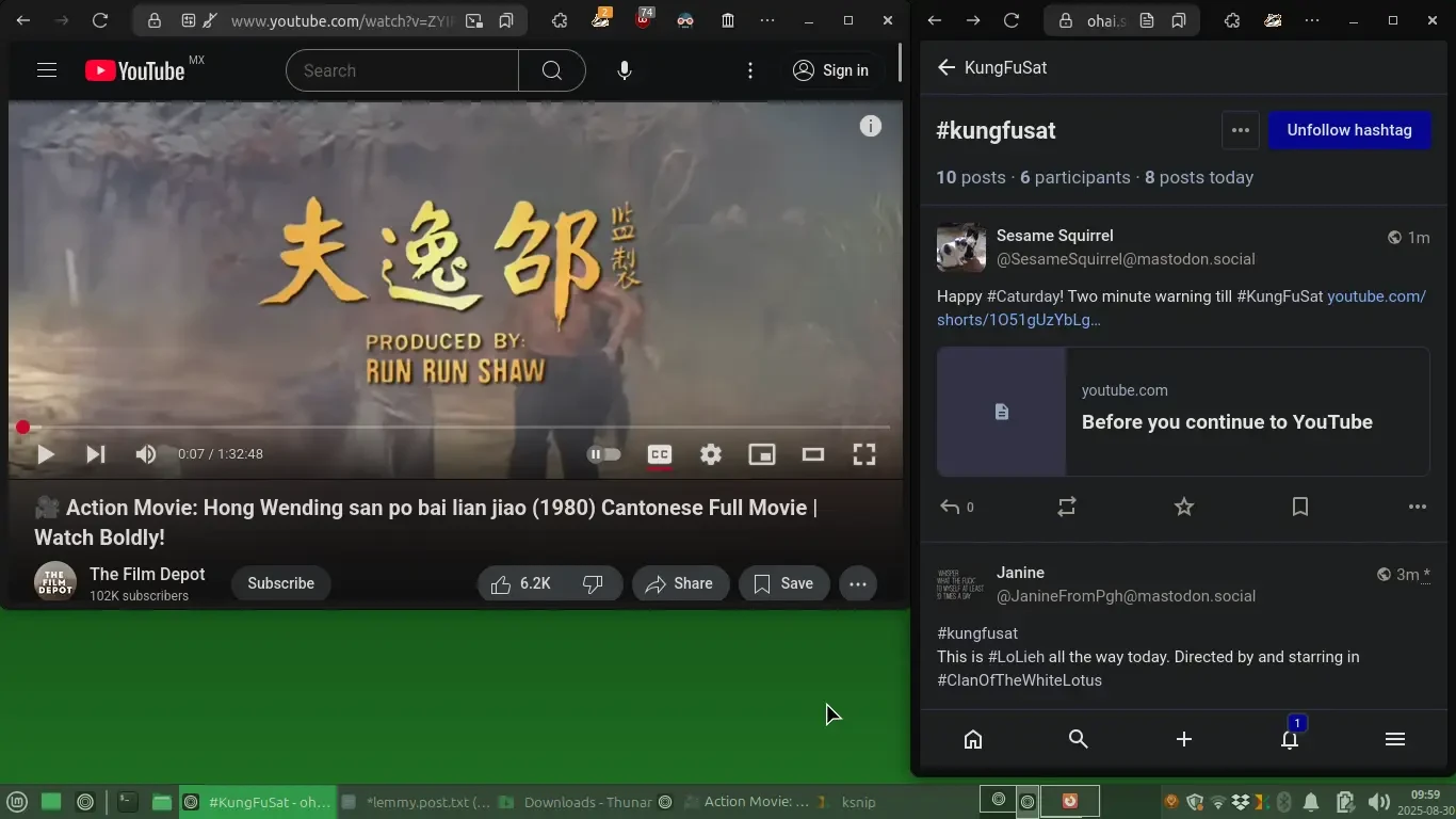 Watch party setup, browser window with Youtube playing film on left, another browser window with Mastodon on right
