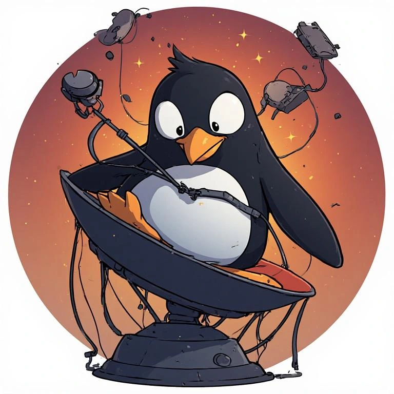 Il pinguino Tux di Linux intrappolato dai cavi su di una parabola