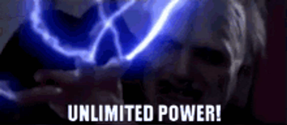Star Wars Darth Sidious saying movie line unlimited power with tingly fingies