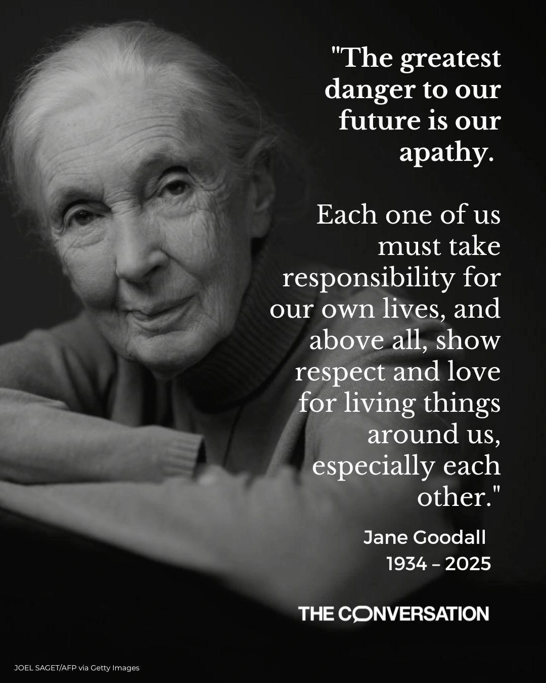 A photo of Jane Goodall, in her later days with a quote from her: "The greatest danger to our future is our apathy. 

Each one of us must take responsibility for our own lives, and above all, show respect and love for living things around us, especially each other."