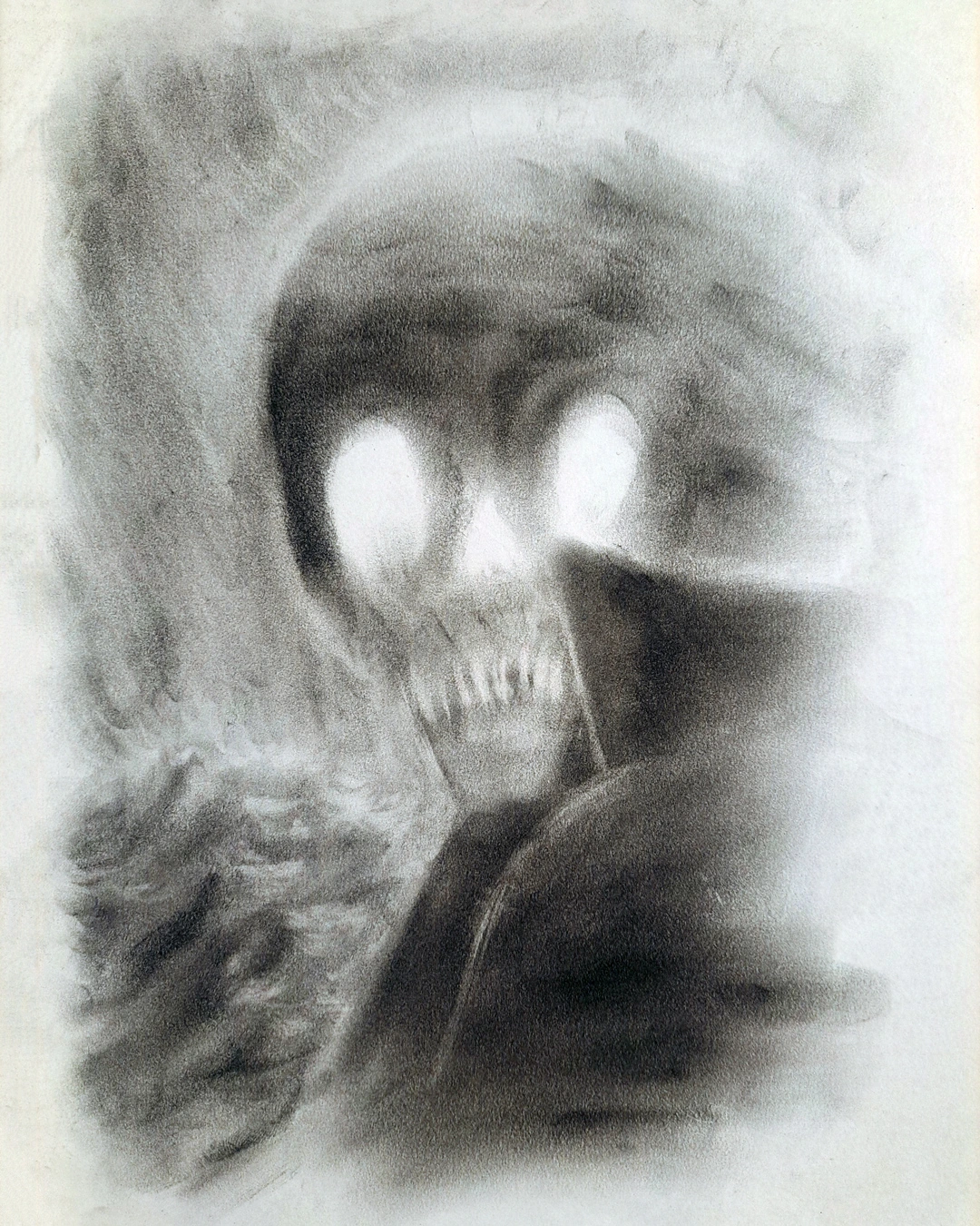 Eerie charcoal portrait of a skeleton captain standing in front of a stormy sea.
