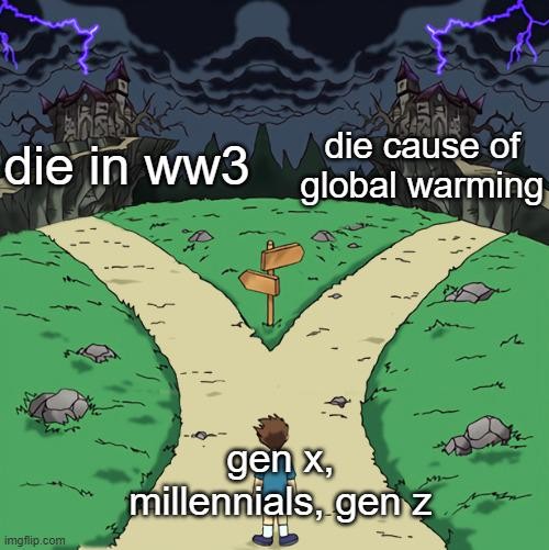 A "two paths" meme where both paths are dark. The bottom text representing the character says "Gen X, Millenials, Gen Z" and the left path is "die in ww3" and the right path is "die cause of global warming"