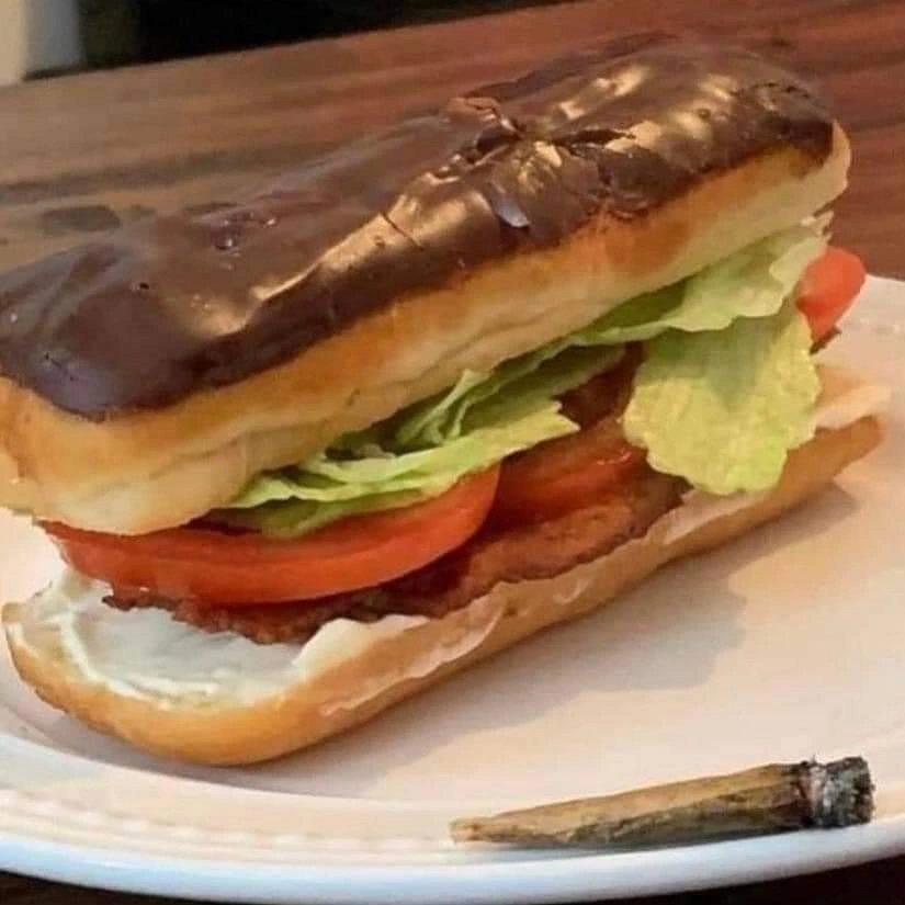 image of a sandwich but the bun is a halved cream-filled eclaire. might be delicious actually