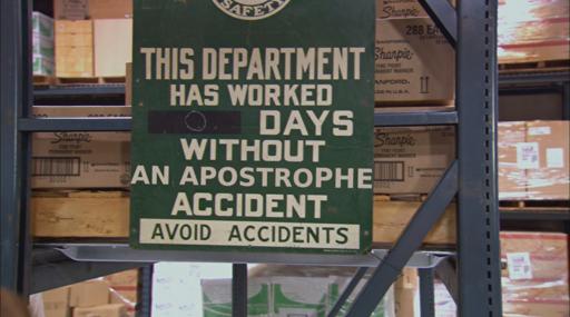 A sign at a warehouse that reads "this department has worked 0 days without an apostrophe accident, avoid accidents"