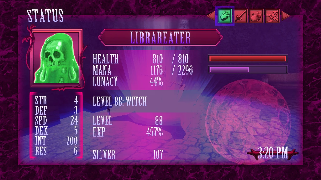 A screenshot of Lunacid showing my character's 'status' screen: their name is Librareater and they look like a green slime with a skeleton inside. They have shitty stats except for extremely boosted Intelligence. A full moon is depicted on the side of the screen.