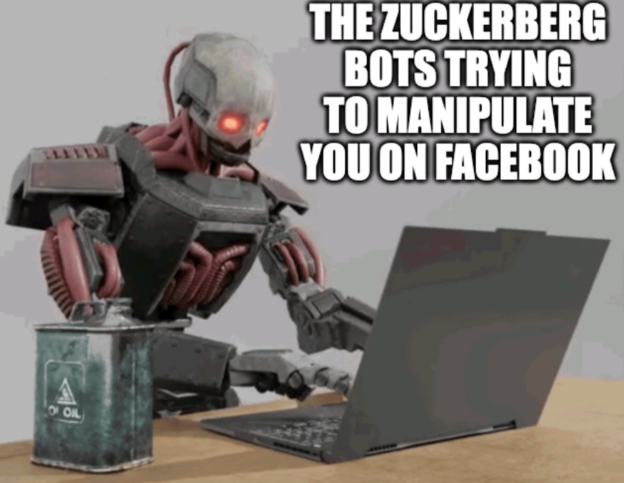 Helldiver's 2 Automaton Bot Typing on Laptop  "Mark Zuckerberg Bots Trying to Manipulate You on Facebook"