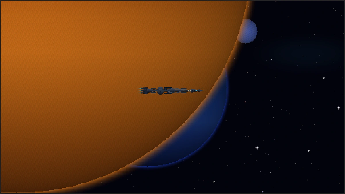 A colony ship flying with the backdrop of a large gas giant and its moon