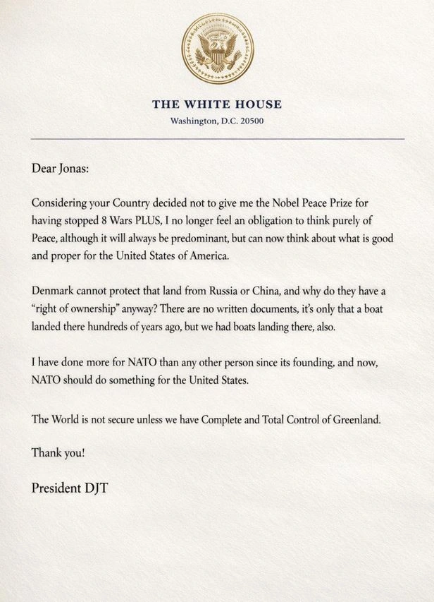 Trump's letter to Prime Minister of Norway. If Americans could read, they'd be really embarrassed right now.