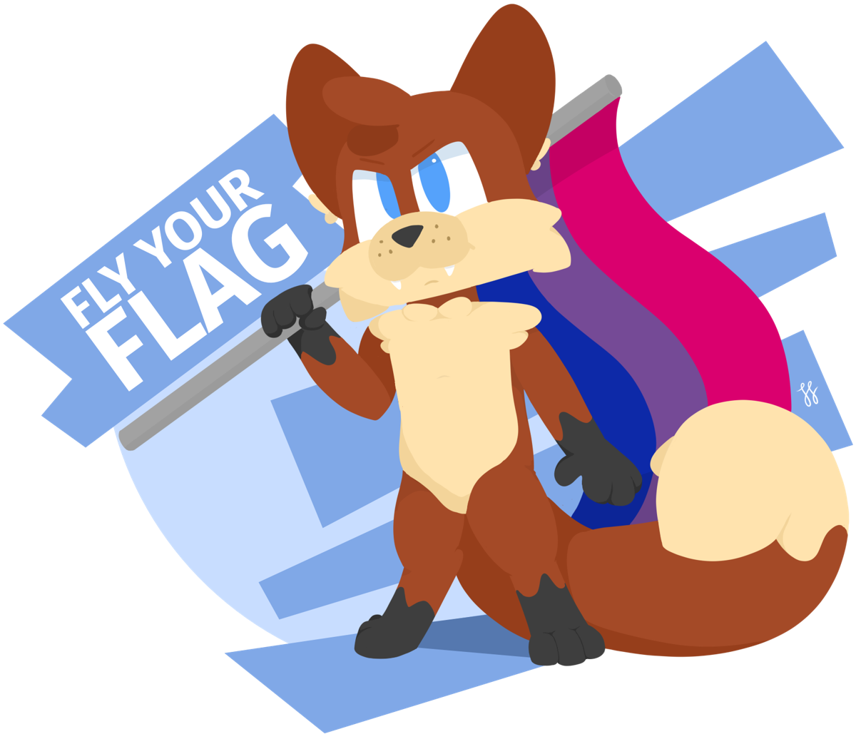 A lineless digital drawing of Foxfire, an anthro fox, holding a bisexual flag. He has reddish brown fur, cream chest and muzzle, and very dark gray paws. The flag is held such that it is behind Foxfire over his shoulder (our right), and he is posed with legs spread out in a sort of action stance. Behind him is a baby blue circle and several diagonal trapazoid like shapes which stick out of it. To the left is text which reads "Fly Your Flag."