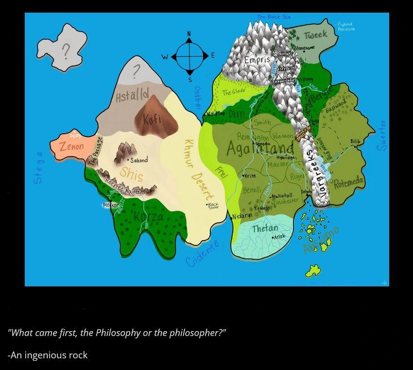 Opening of the chapter: Escape from Zig-Zig

A map of the continent of Sojurut.

"What came first, the Philosophy or the philosopher?"
-An ingenious rock