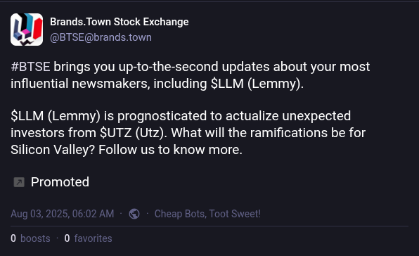 #BTSE brings you up-to-the-second updates about your most influential newsmakers, including $LLM (Lemmy).  $LLM (Lemmy) is prognosticated to actualize unexpected investors from $UTZ (Utz). What will the ramifications be for Silicon Valley? Follow us to know more.  :promoted: Promoted