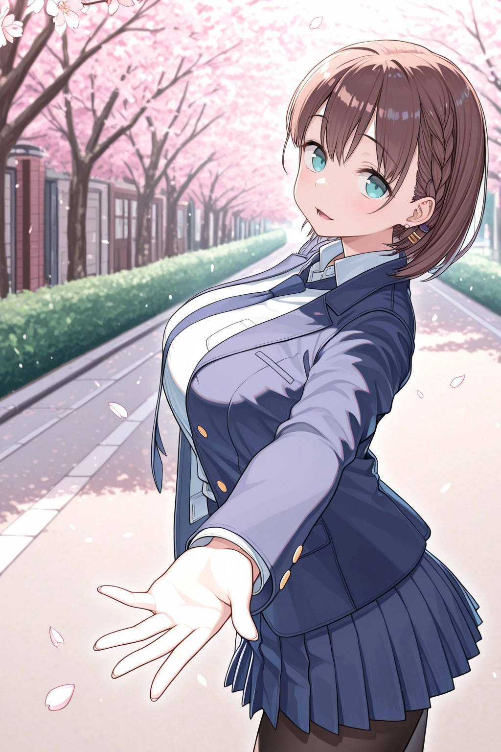 A young woman with blue eyes, short brown hair, and a gentle smile standing on a paved street, extending her left hand forward. She is wearing a school uniform consisting of a dark blue blazer, a white collared shirt, a blue tie, a blue pleated skirt, and black tights. The background is a long, paved path lined with green hedges and numerous blooming pink cherry blossom trees, with petals falling through the air.