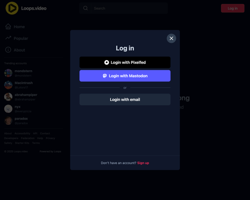 Loops.video login showing Login with Pixelfed and Login with Mastodon