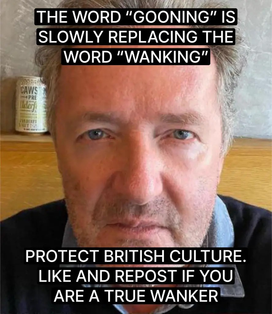Picture of a man staring intensely into the camera. He's surrounded by the text: "The word 'gooning' is slowly replacing the word 'wanking'. Protect British culture. Like and repost if you are a true wanker'.